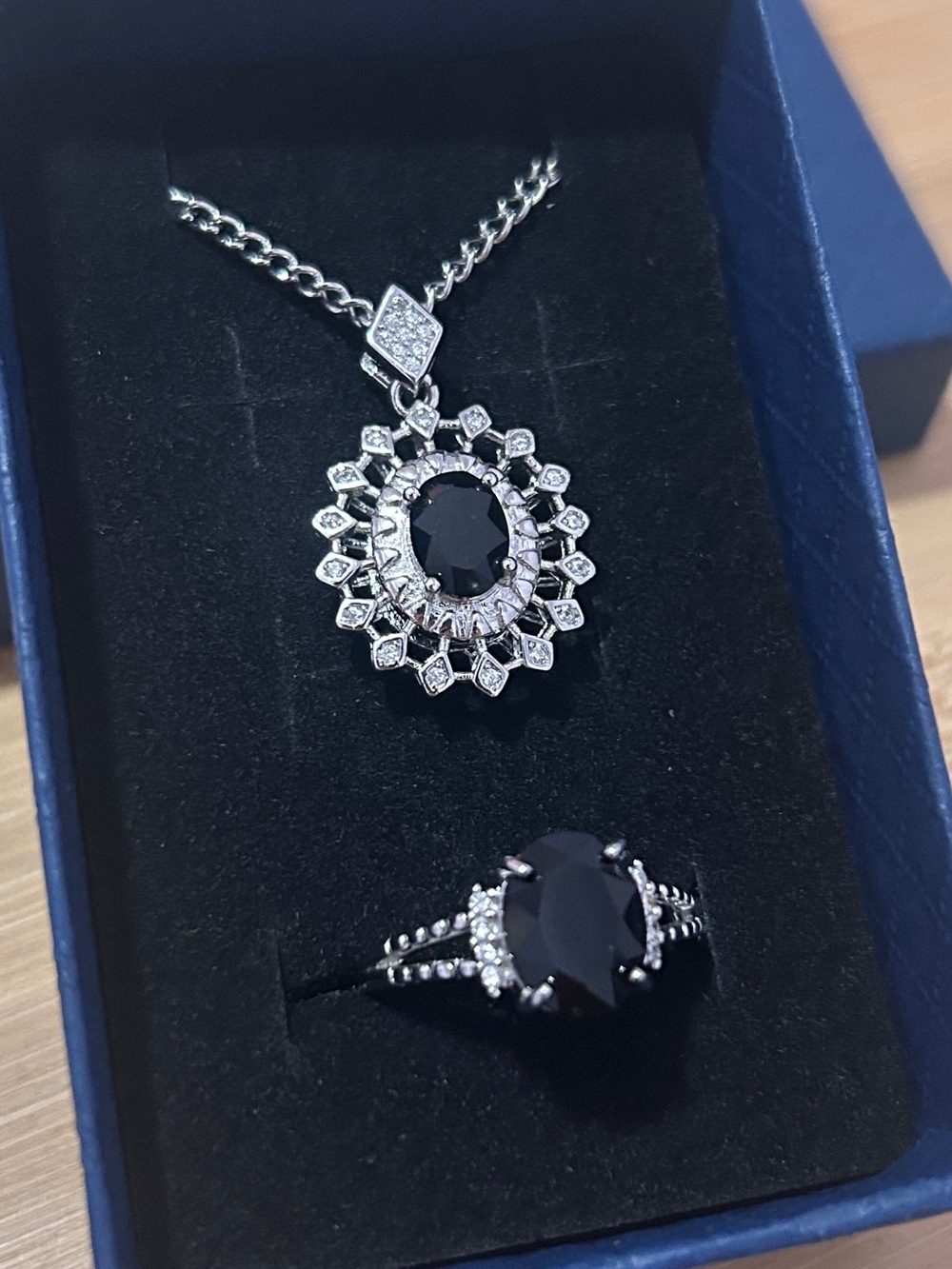Natural Black Agate Necklace and Ring Set